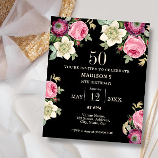 Black Floral 50. Budget Geburtstagseinladung