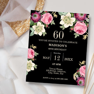 Black Floral 60. Budget Geburtstagseinladung