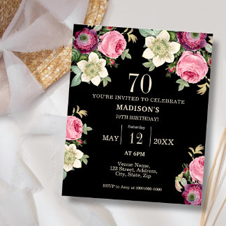 Black Floral 70. Budget Geburtstagseinladung