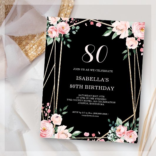Black Floral 80. Budget Geburtstagseinladung