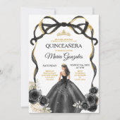 Black Floral Bow Princess Gold Crown Quinceañera Einladung (Vorderseite)