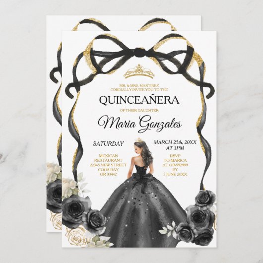 Black Floral Bow Princess Gold Crown Quinceañera Einladung (Vorne/Hinten)