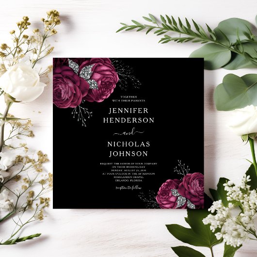 Black Floral Burgundy Peonies Wedding Einladung
