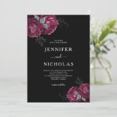 Black Floral Burgundy Peonies Wedding Einladung (Stehend Vorderseite)