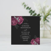 Black Floral Burgundy Peonies Wedding Einladung (Stehend Vorderseite)