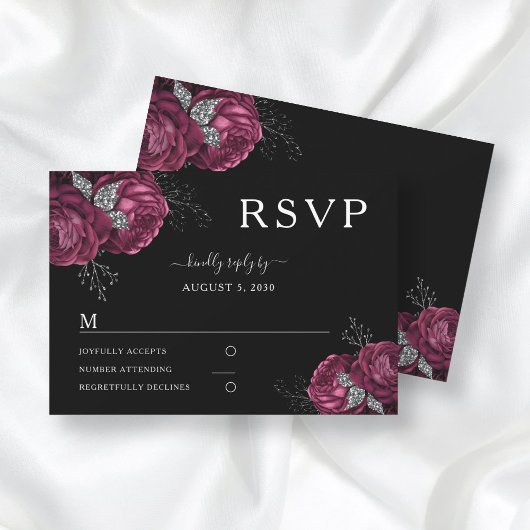 Black Floral Burgundy Peonies Wedding RSVP Karte