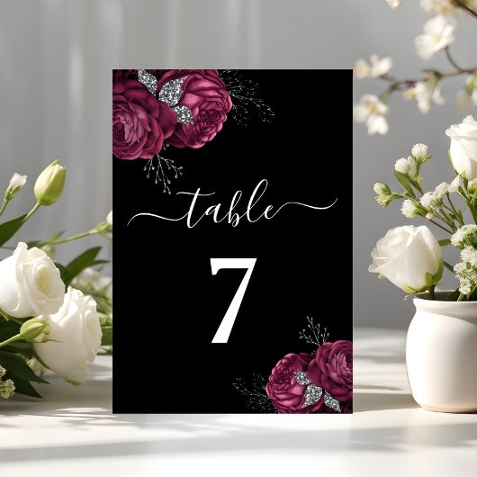 Black Floral Burgundy Peonies Wedding Tischnummer