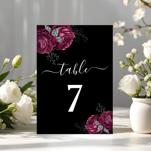 Black Floral Burgundy Peonies Wedding Tischnummer