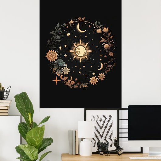 Black Floral Celestial Boho Wall Art Poster (Heimbüro)