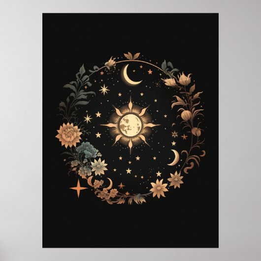 Black Floral Celestial Boho Wall Art Poster (Vorne)