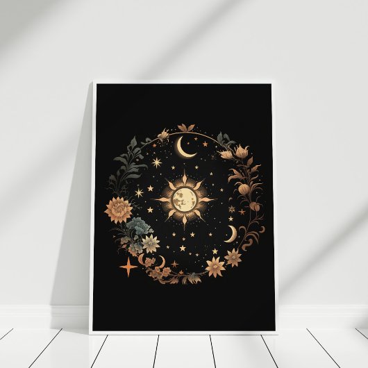 Black Floral Celestial Boho Wall Art Poster