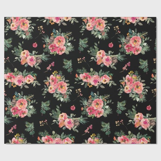 Black Floral Christmas Pattern | Botanischer Urlau Geschenkpapier (Flach)