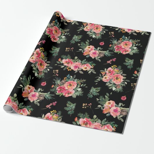 Black Floral Christmas Pattern | Botanischer Urlau Geschenkpapier (Ungerollt)