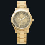 Black Floral Circle 50. Hochzeitstag Armbanduhr<br><div class="desc">Schwarzer verzierter Blumenkreis auf goldfarbenem Hintergrund, anpassbare Goldhochzeit Jahrestag. Feiern von 50 Jahren glücklicher Erinnerungen anpassbarer Text.</div>