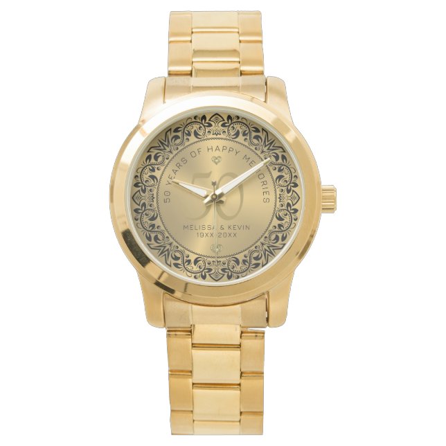 Black Floral Circle 50. Hochzeitstag Armbanduhr (Vorderseite)