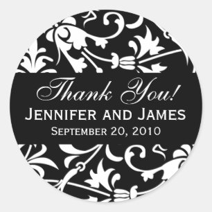 Black Floral Damask Wedding Danke Labels Runder Aufkleber