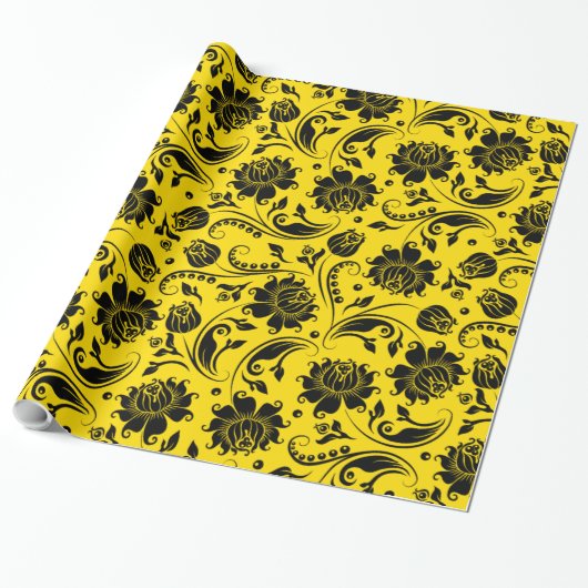 Black Floral Damasks On Yellow Geschenkpapier (Ungerollt)