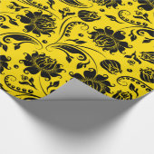 Black Floral Damasks On Yellow Geschenkpapier (Ecke)