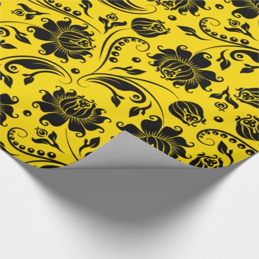 Black Floral Damasks On Yellow Geschenkpapier (Ecke)