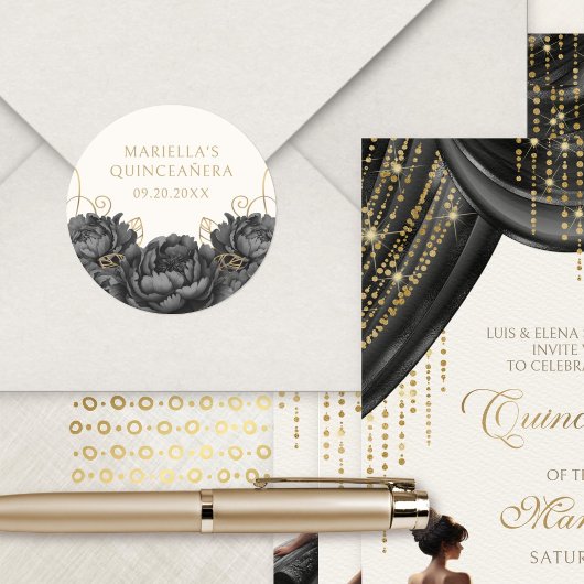 Black Floral Elegant Quinceanera Runder Aufkleber