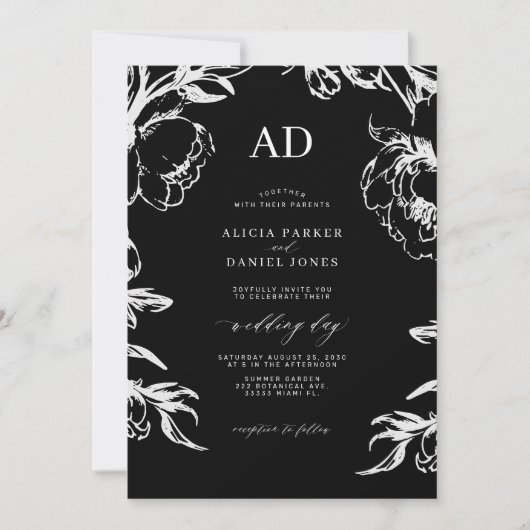 Black floral elegant wedding einladung (Vorderseite)