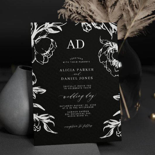 Black floral elegant wedding einladung