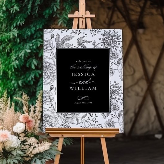 Black Floral Elegant Wedding Welcome Sign Poster