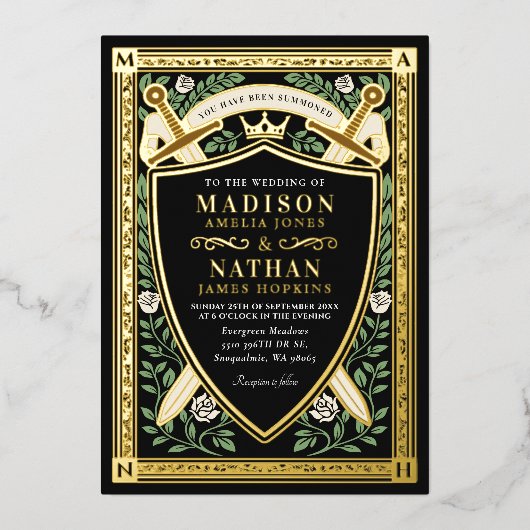 Black Floral Fantasy Sword Shield Monogram Wedding Folieneinladung (Vorderseite)