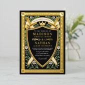 Black Floral Fantasy Sword Shield Monogram Wedding Folieneinladung (Stehend vorne)