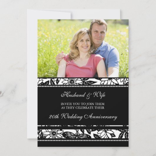 Black Floral Foto 20 Jahre Einladung (Vorderseite)