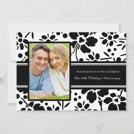 Black Floral Foto 25 Jahre Einladung (Vorderseite)