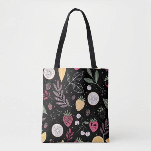 "Black Floral Fruit Pattern Tote Bag" Tasche (Vorderseite)