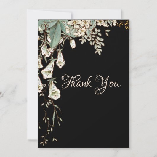 Black Floral Garland Script Elegante Hochzeit Dankeskarte (Vorderseite)