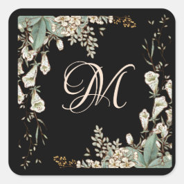 Black Floral Garland Script Monogram Elegant Quadratischer Aufkleber