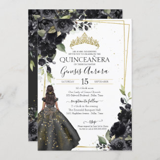 Black Floral Gold Akzent Elegante Quinceanera Einladung