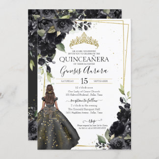 Black Floral Gold Akzent Elegante Quinceanera Einladung
