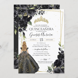 Black Floral Gold Akzent Elegante Quinceanera Einladung