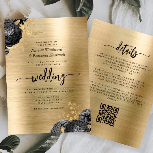 Black Floral Gold Brushed Metal QR Code Wedding Einladung