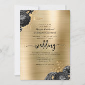 Black Floral Gold Brushed Metal QR Code Wedding Einladung (Vorderseite)
