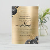 Black Floral Gold Brushed Metal QR Code Wedding Einladung (Stehend Vorderseite)