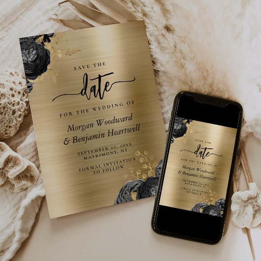 Black Floral Gold Glam Wedding Save the Date Einladung