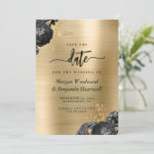 Black Floral Gold Glam Wedding Save the Date Einladung (Stehend Vorderseite)