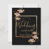 Black Floral Gold Script Elegante Hochzeit Einladung (Vorderseite)