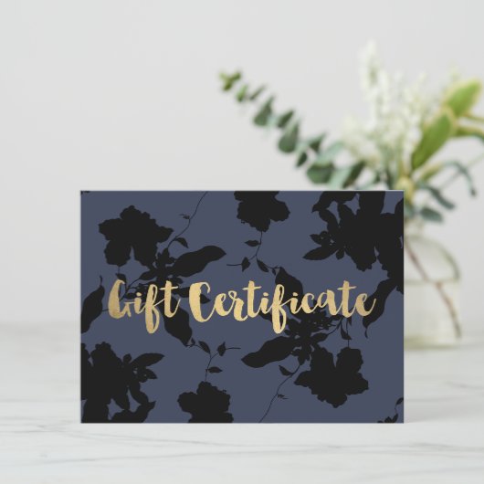 Black Floral Gold Text Blue Geschenkgutschein (Stehend Vorderseite)