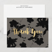 Black Floral Gold Text Grau Danke Karte (Vorne/Hinten)