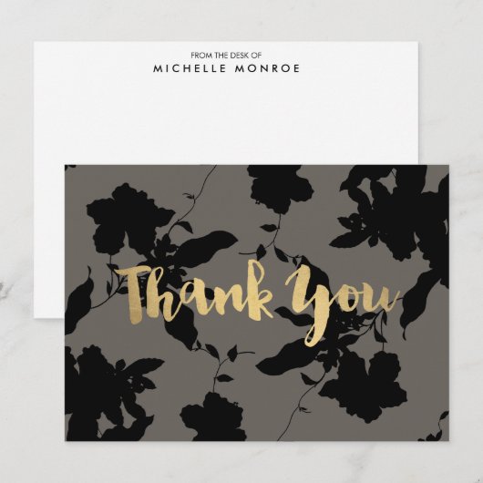 Black Floral Gold Text Grau Danke Karte (Vorne/Hinten)