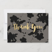 Black Floral Gold Text Grau Danke Karte (Vorderseite)