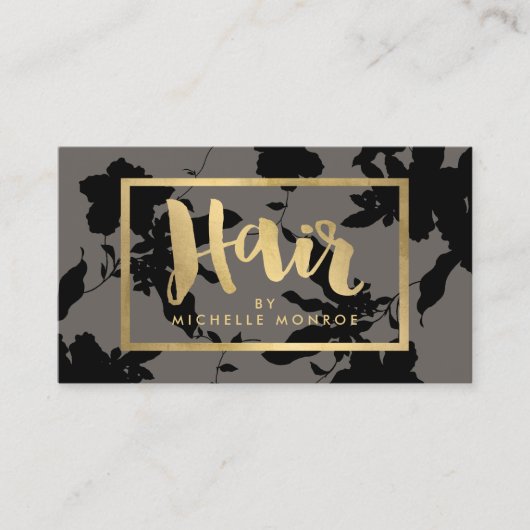 Black Floral Gold Text Haare Stylist Grau Visitenkarte (Vorderseite)