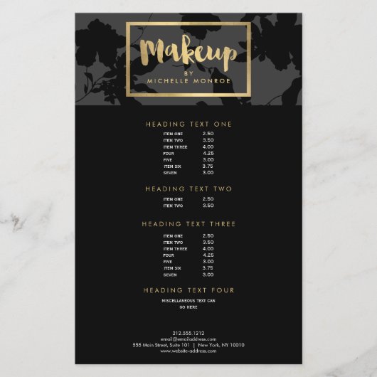 Black Floral Gold Text Makeup Artist Flyer (Vorne)
