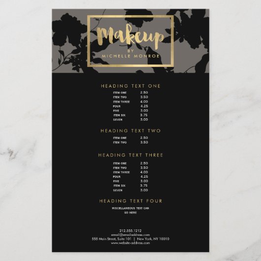 Black Floral Gold Text Makeup Artist Grau Flyer (Vorne)